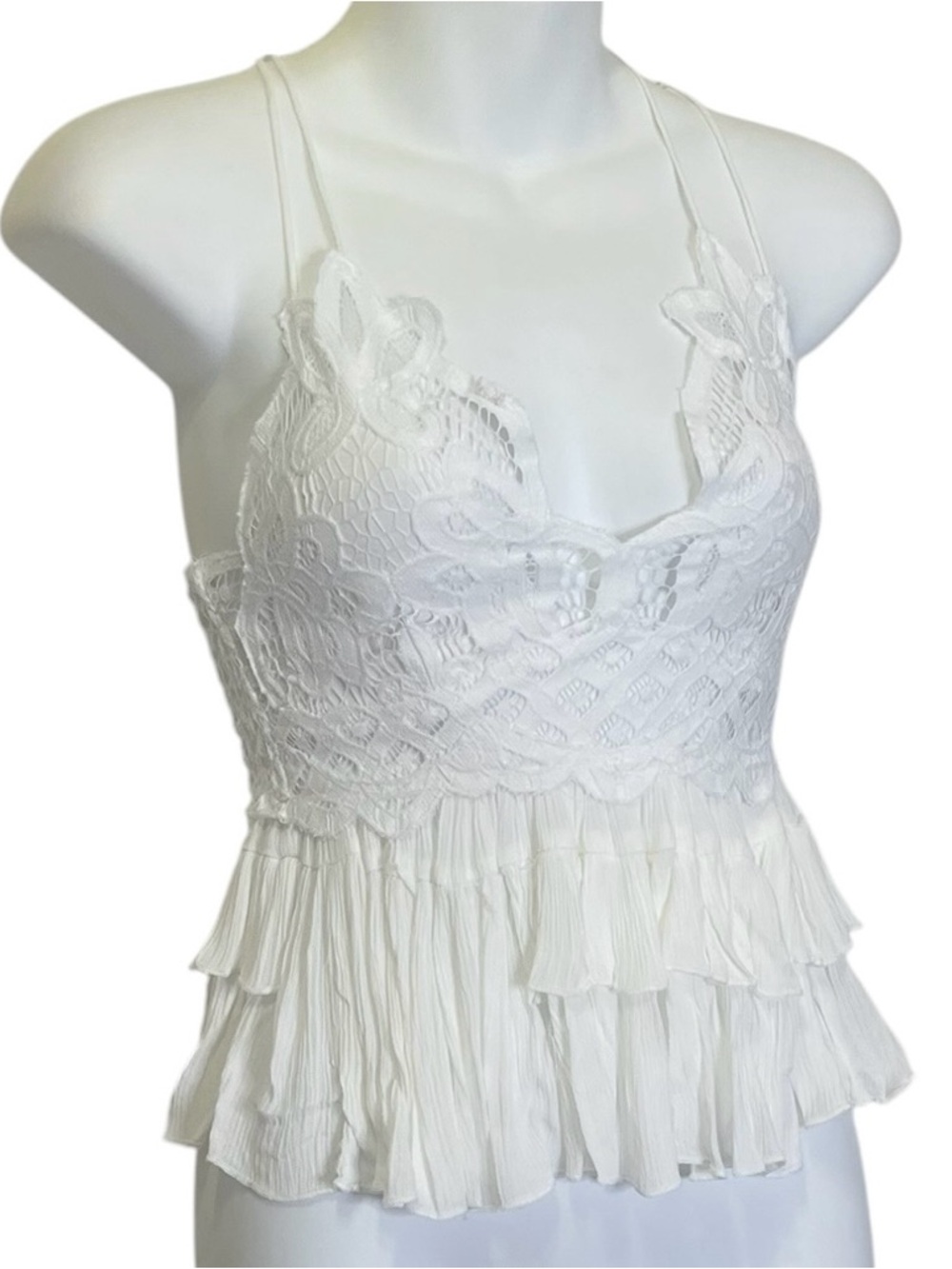 Free People Adella White Lace Ruffled Tiered Peplum Cami Festival  Top sz S NWT
